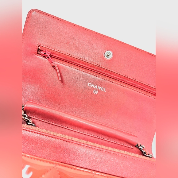 Authentic Chanel WOC Classic Wallet On Chain Patent Quilted Coral SHW - Picture 6 of 11